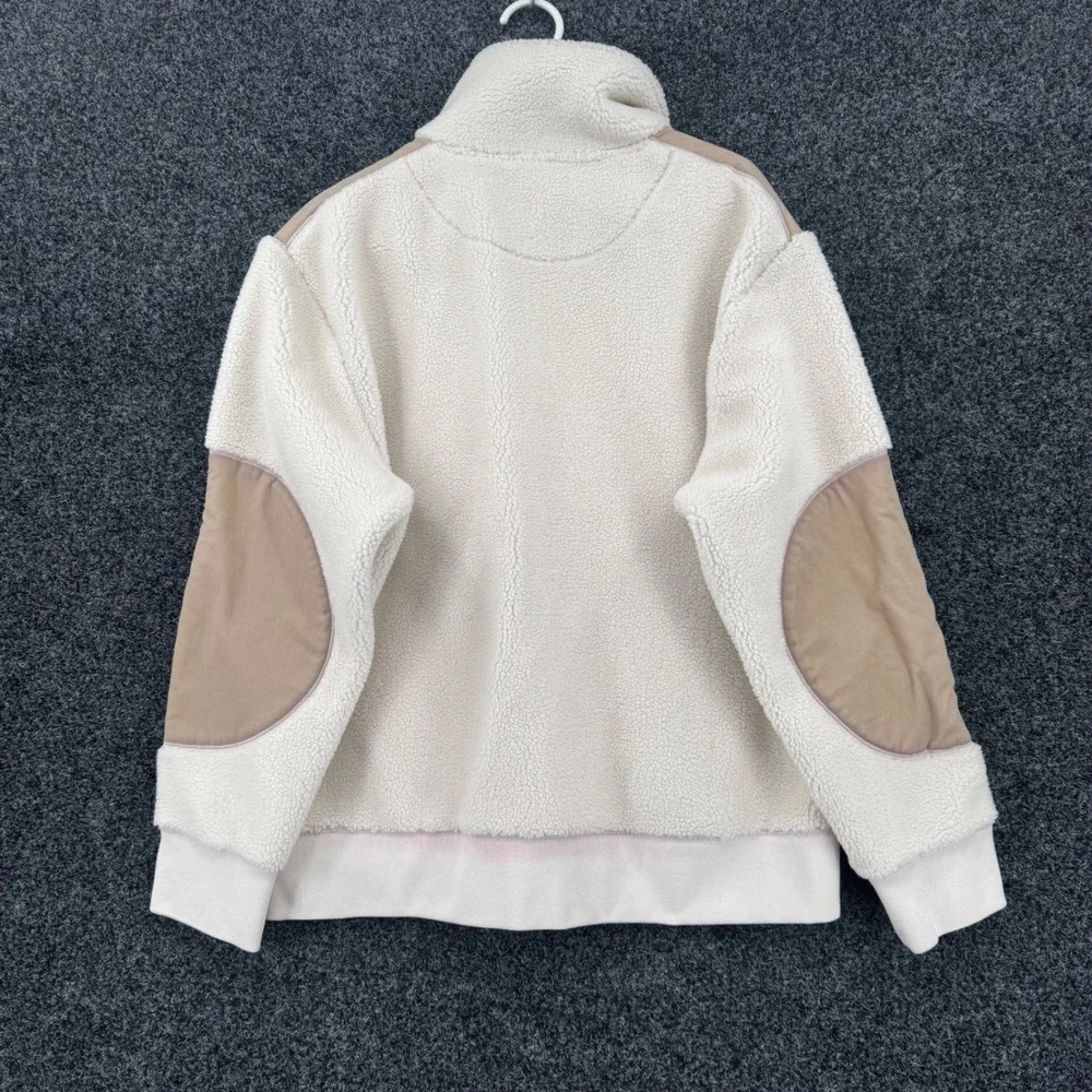 Banana Republic Mens Sherpa Fleece Quarter Zip Pullover Cream Elbow Patches L